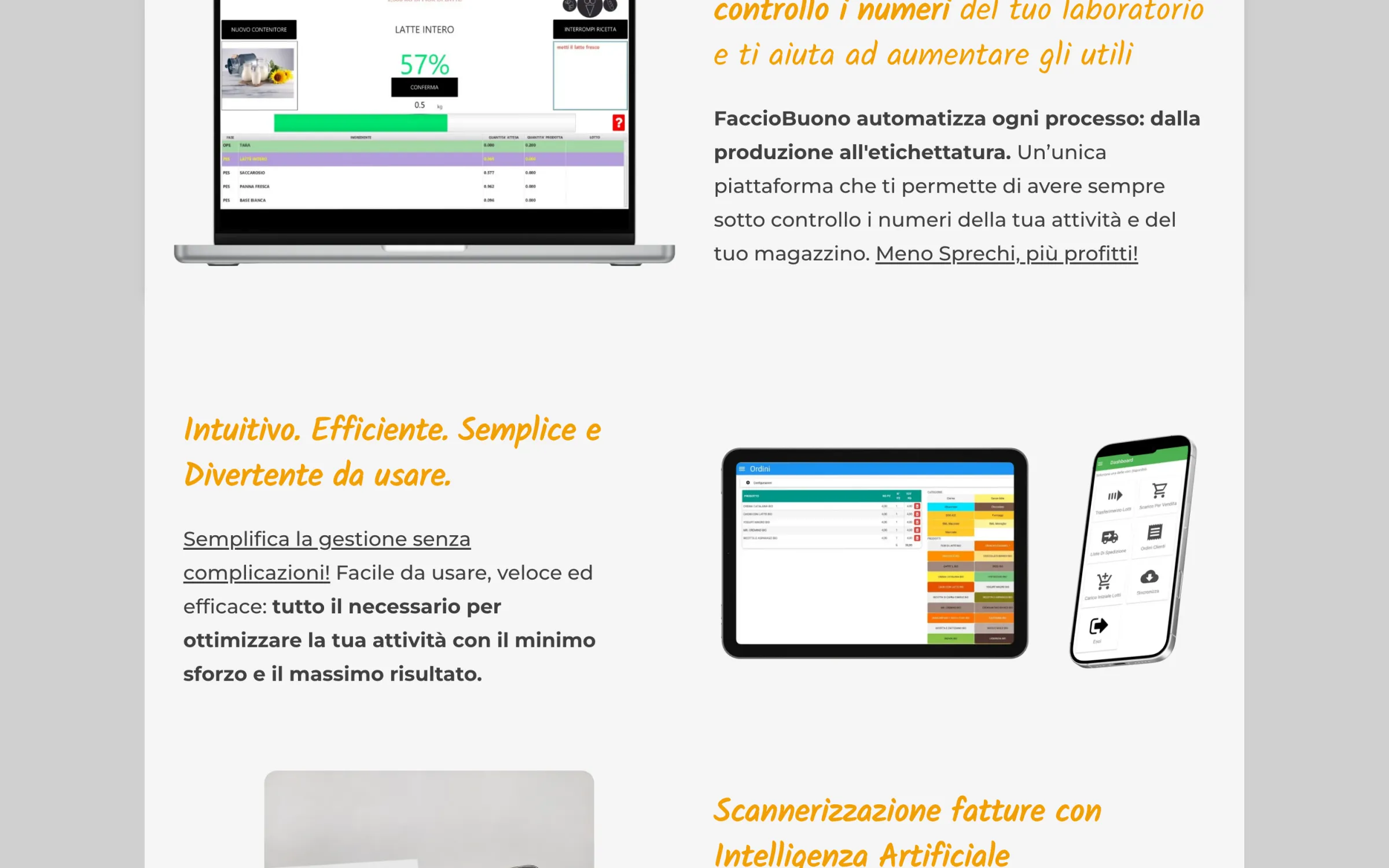 Sezione del sito FaccioBuono con le funzioni del software e le schermate su computer, tablet e smartphone