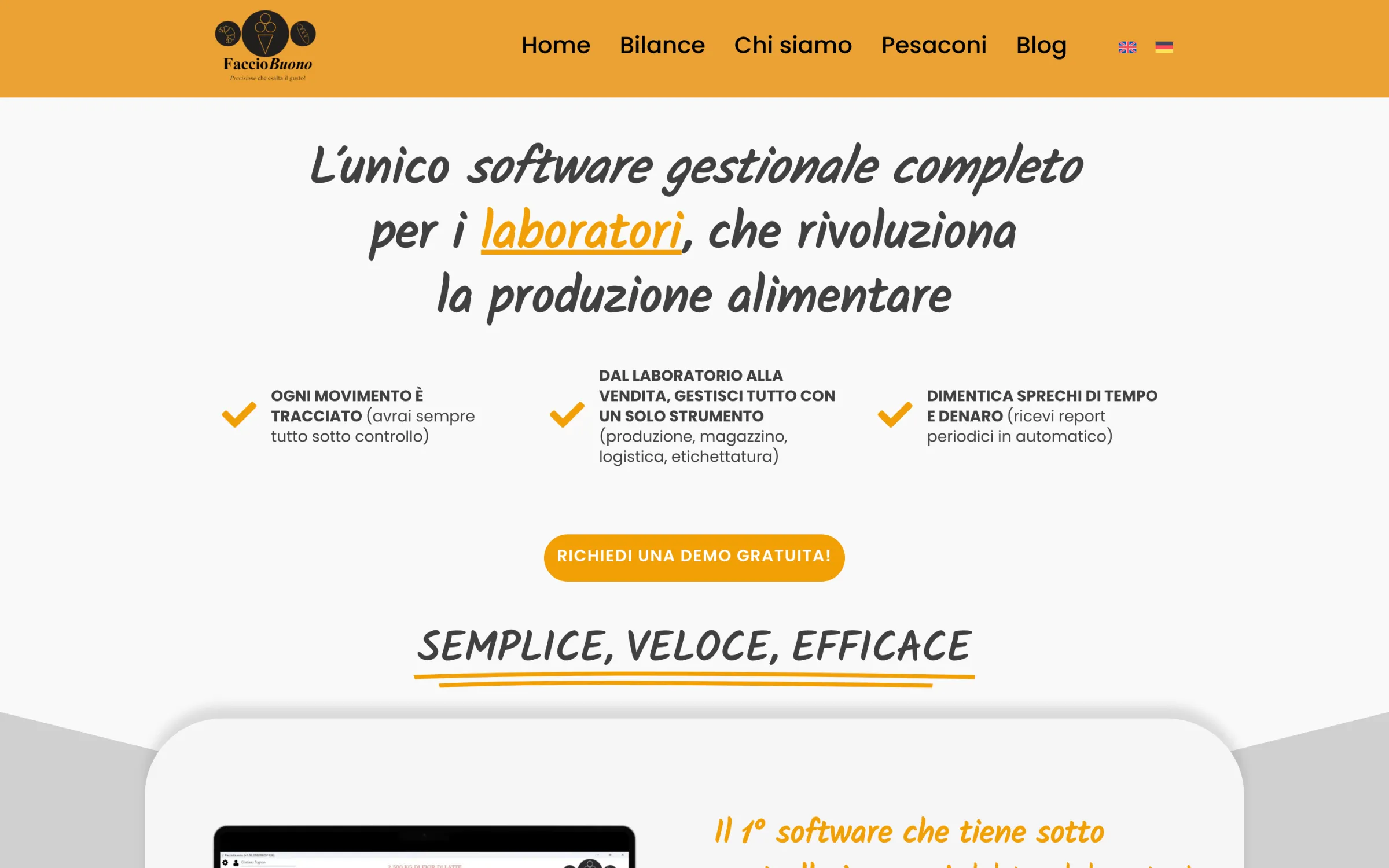 Homepage del sito FaccioBuono: «L'unico software gestionale completo per i laboratori»