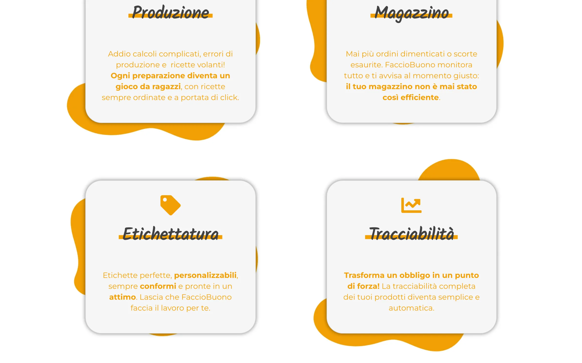 I moduli di FaccioBuono: produzione, magazzino, etichettatura, tracciabilità
