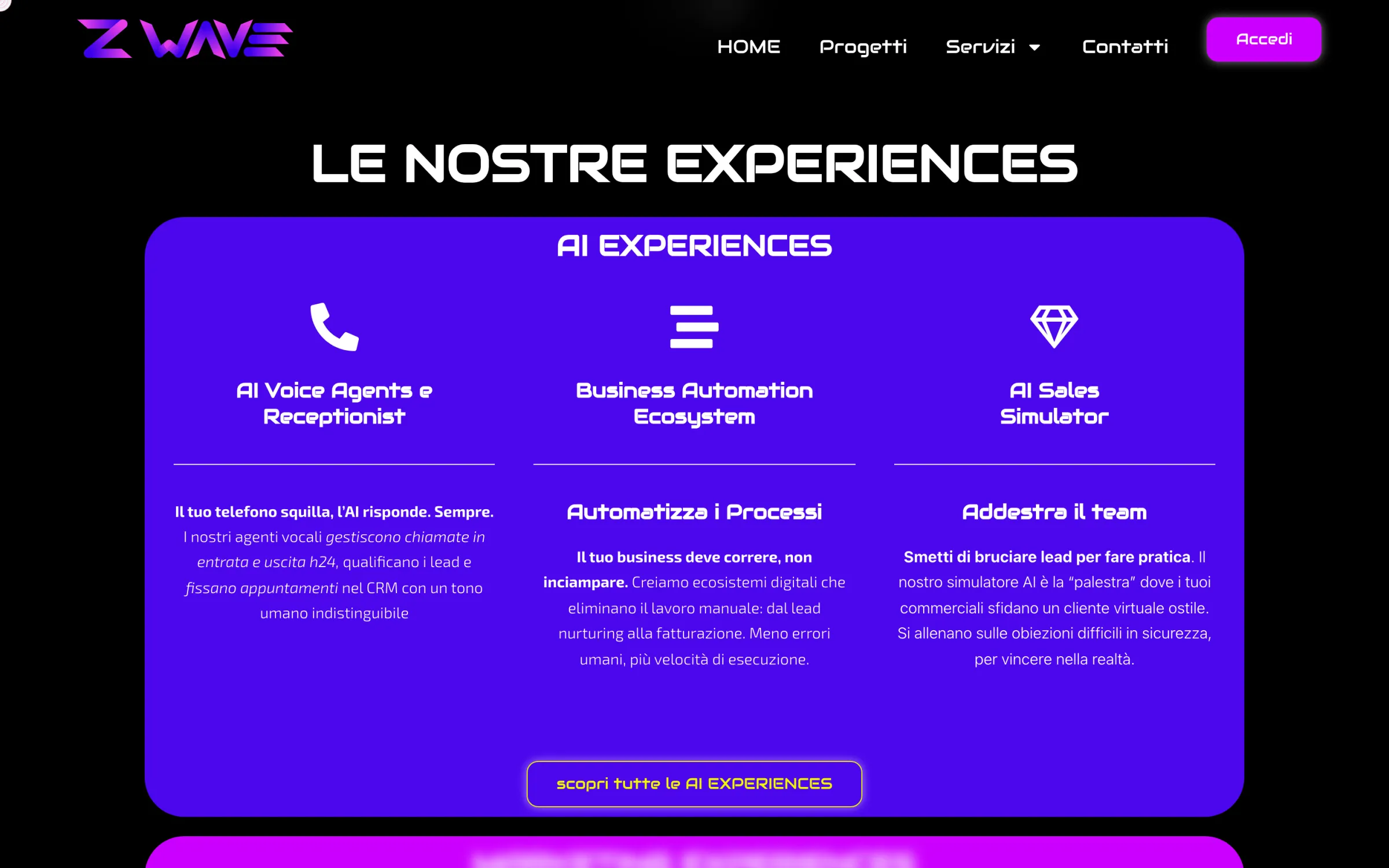 Sezione «Le nostre experiences» del sito Z Wave con i servizi di intelligenza artificiale
