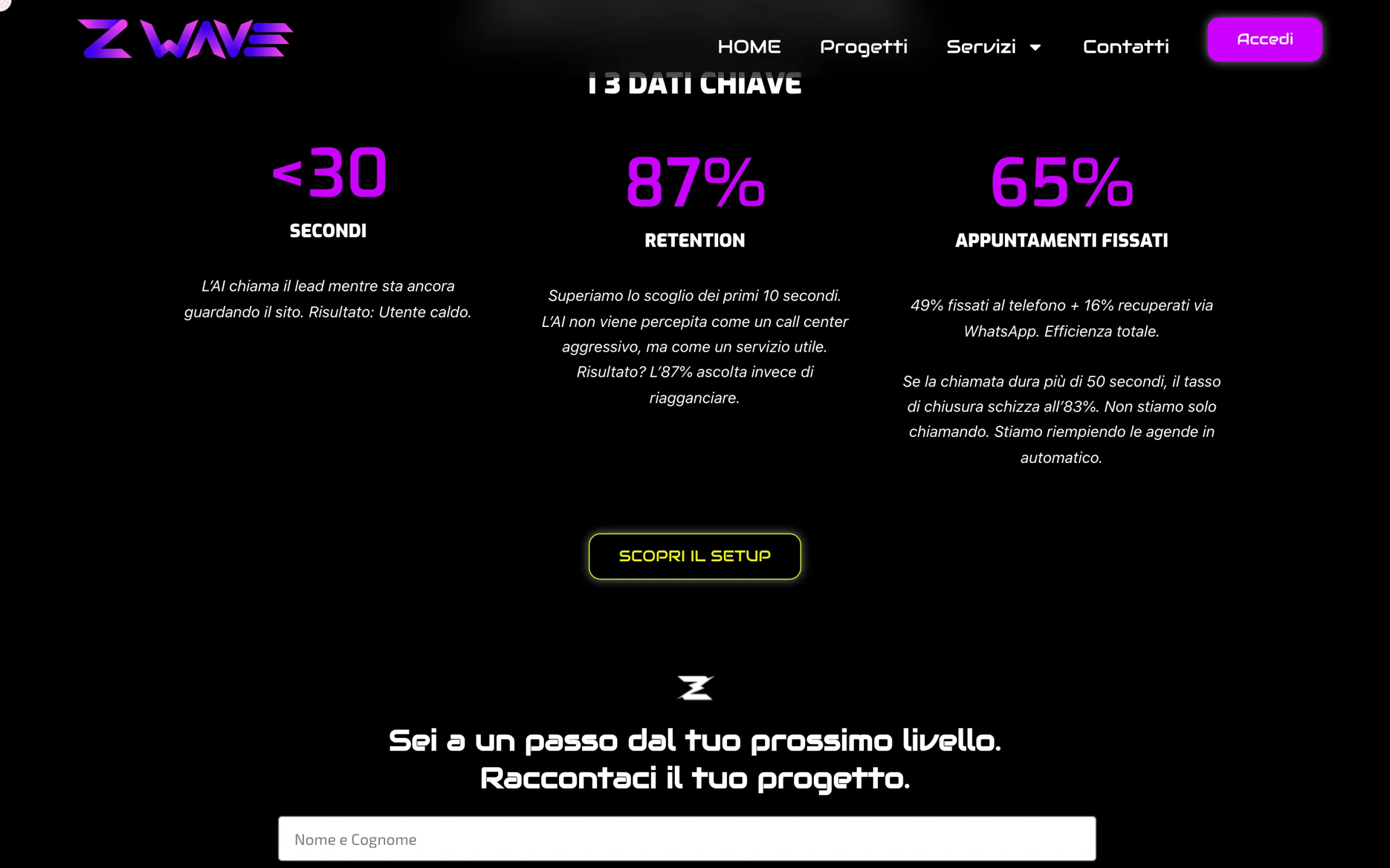 Sezione con i dati chiave e l'invito al contatto del sito Z Wave