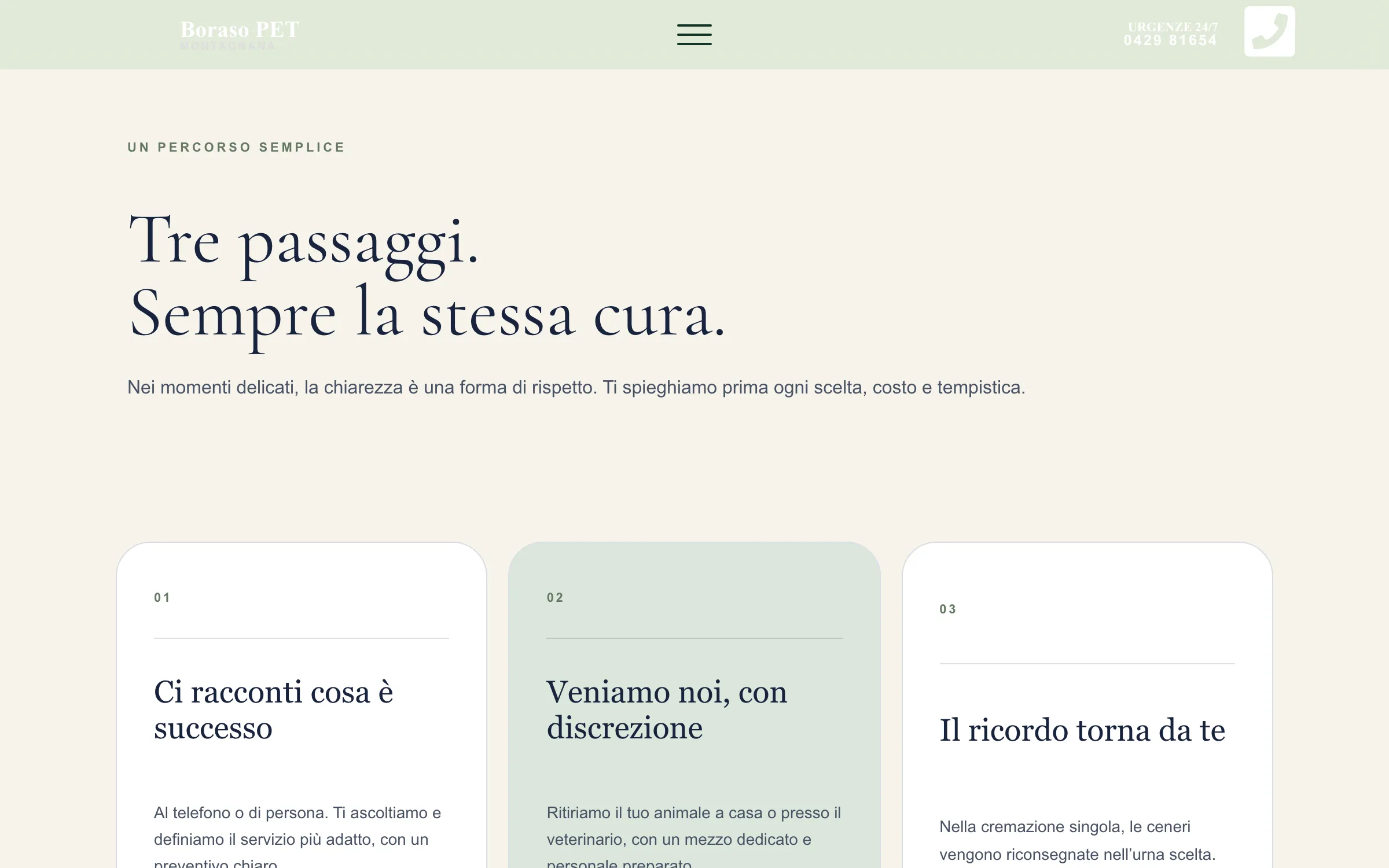 Sezione «Tre passaggi. Sempre la stessa cura.» del sito Boraso PET