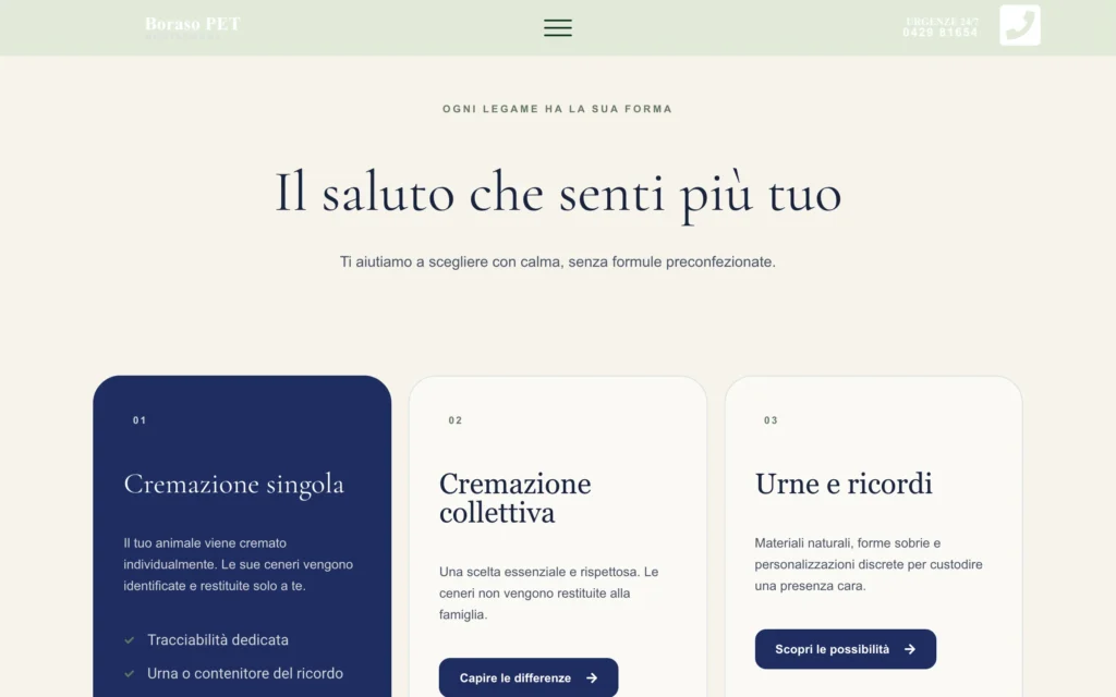 Le opzioni del servizio Boraso PET: cremazione singola, cremazione collettiva, urne e ricordi