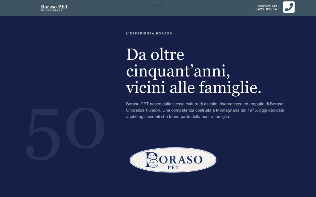 Sezione «Da oltre cinquant'anni, vicini alle famiglie» con il logo Boraso PET