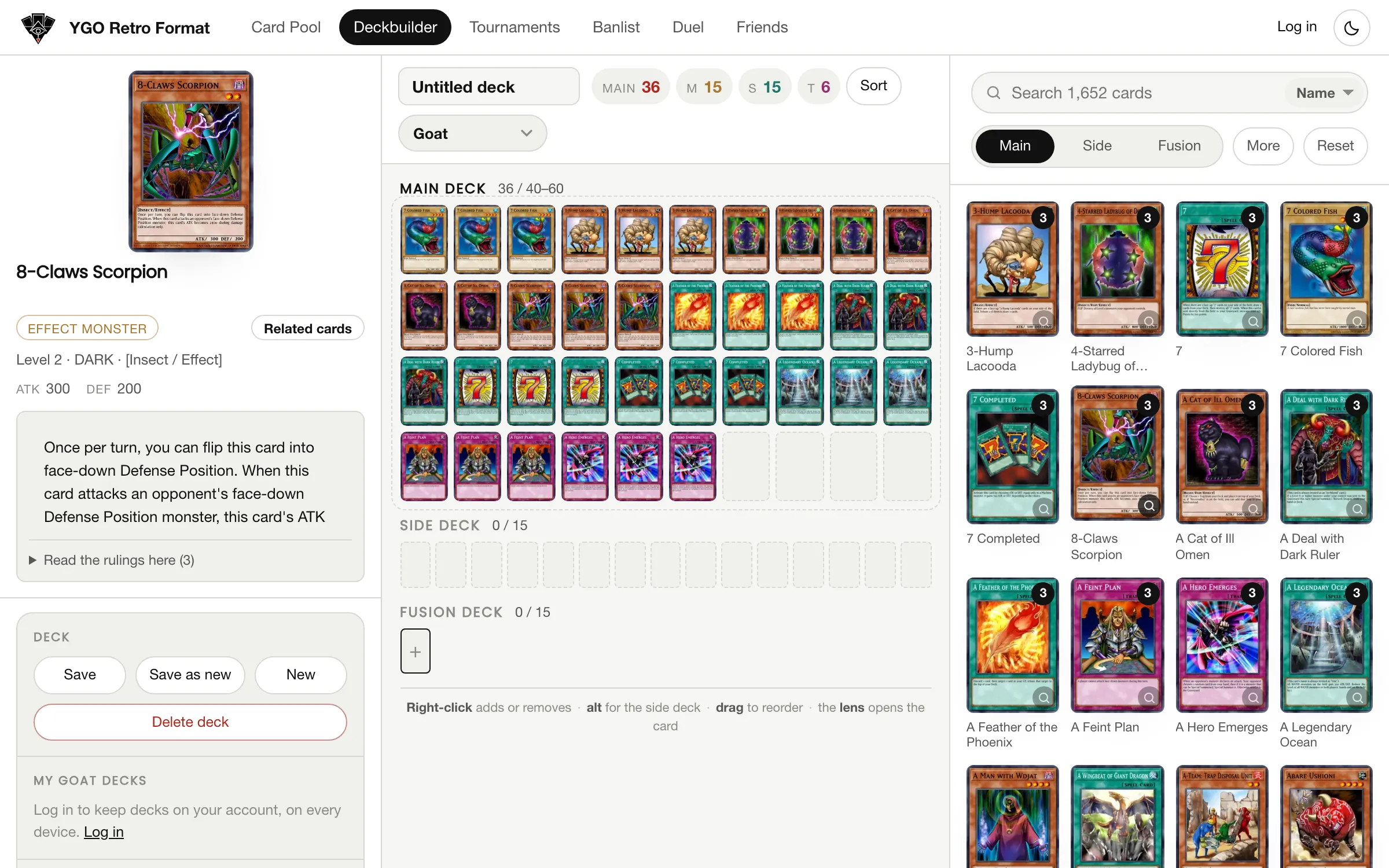 Il deckbuilder di YGO Retro Format: anteprima della carta, mazzo e card pool in tre colonne
