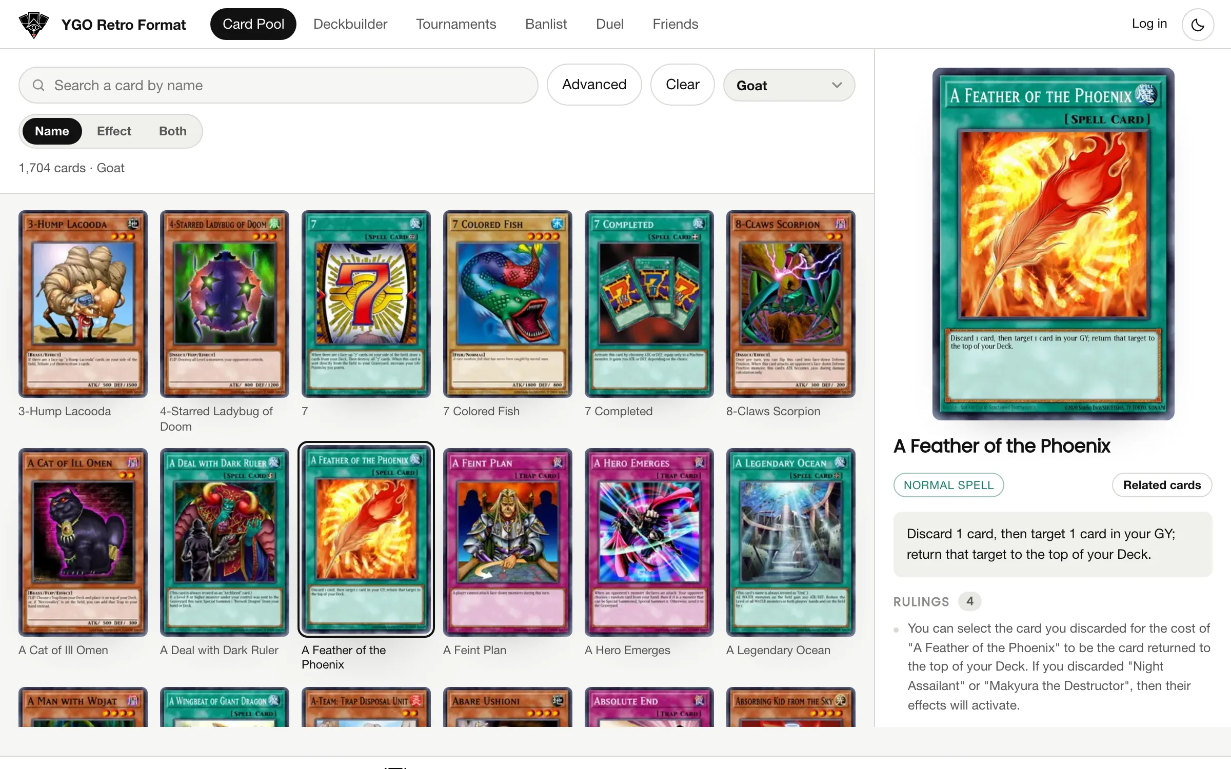 Il card pool di YGO Retro Format con una carta aperta e i suoi ruling